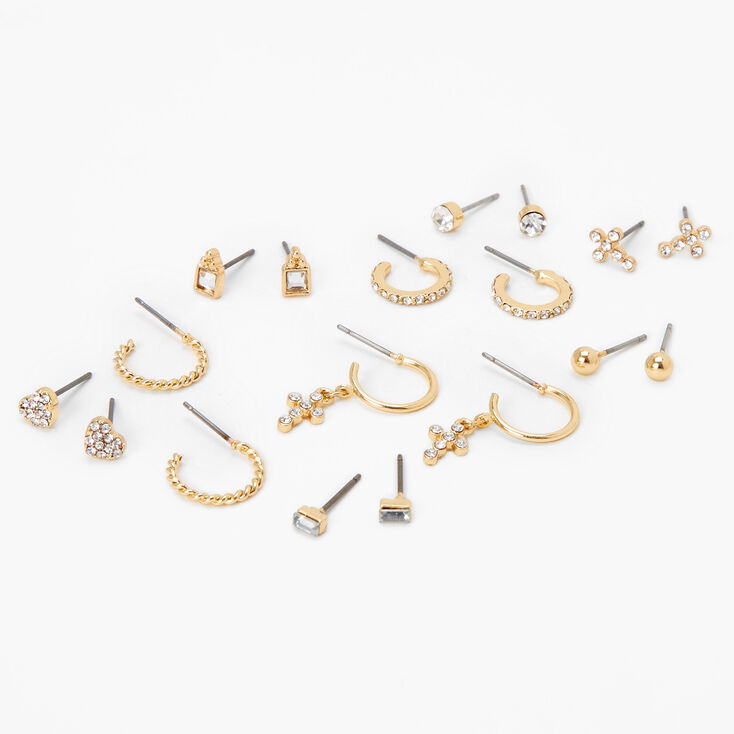 Gold Crystal Cross &amp; Heart Mixed Earrings - 9 Pack,