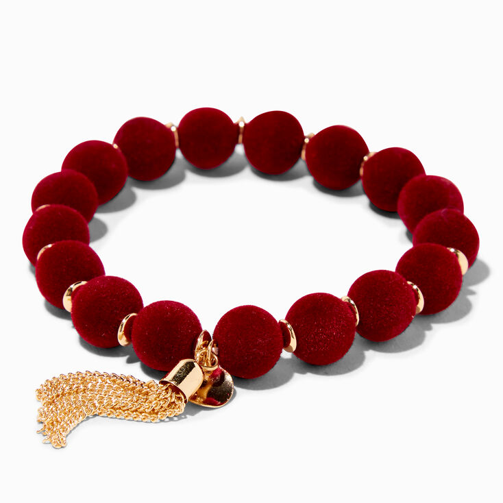 Red Velvet Beaded Gold Tassel Stretch Bracelet,