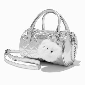 Silver Bear Quilted Barrel Crossbody Bag,