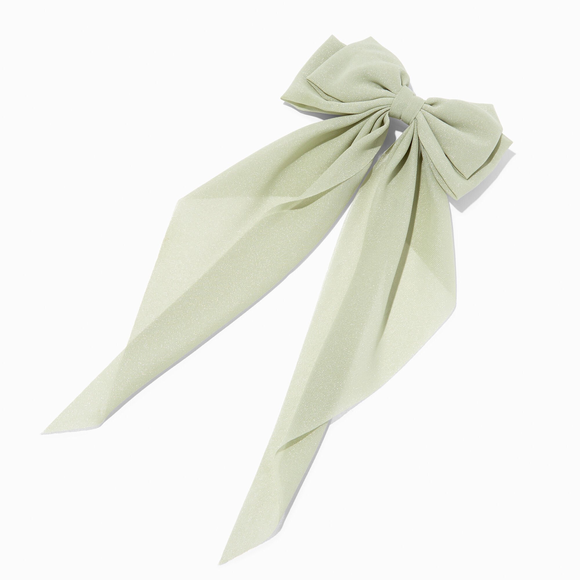 View Claires Sage Sheer Long Tail Bow Hair Clip Green information
