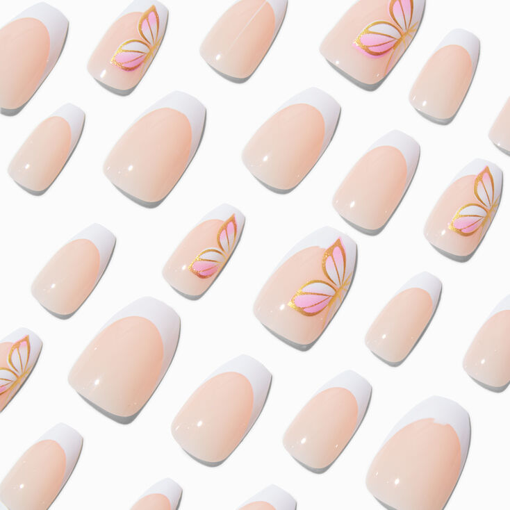 Pink French Butterfly Tip Coffin Faux Nail Set - 24 Pack,
