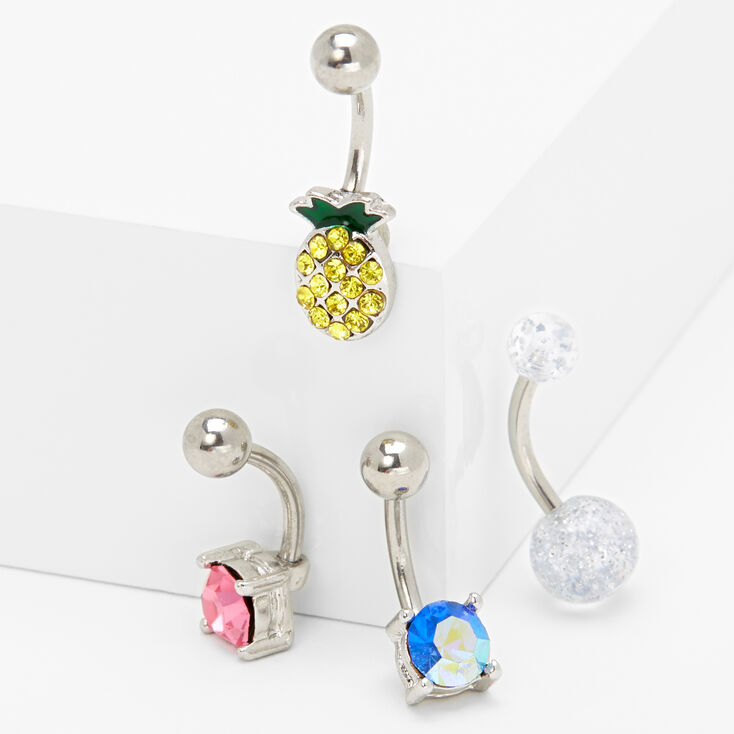 Silver 14G Crystal Pineapple Belly Rings - 4 Pack,