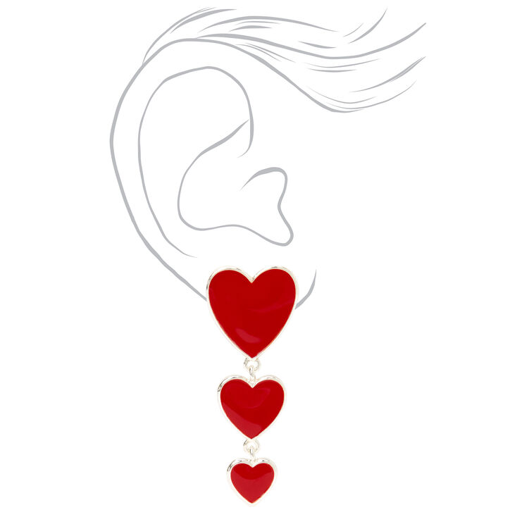 Silver Triple Hearts Enamel Drop Earrings - Red,