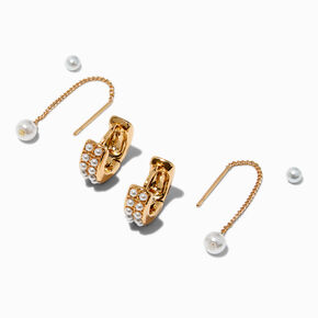 Gold-tone Pearl Threader Hoop Earrings Stackables Set - 3 Pack ,