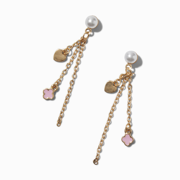 Gold-tone Pink Clover Pearl Chain Drop Earrings,
