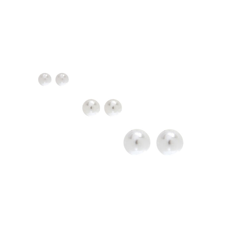 Sterling Silver Graduated Pearl Stud Earrings - Ivory, 3 Pack,