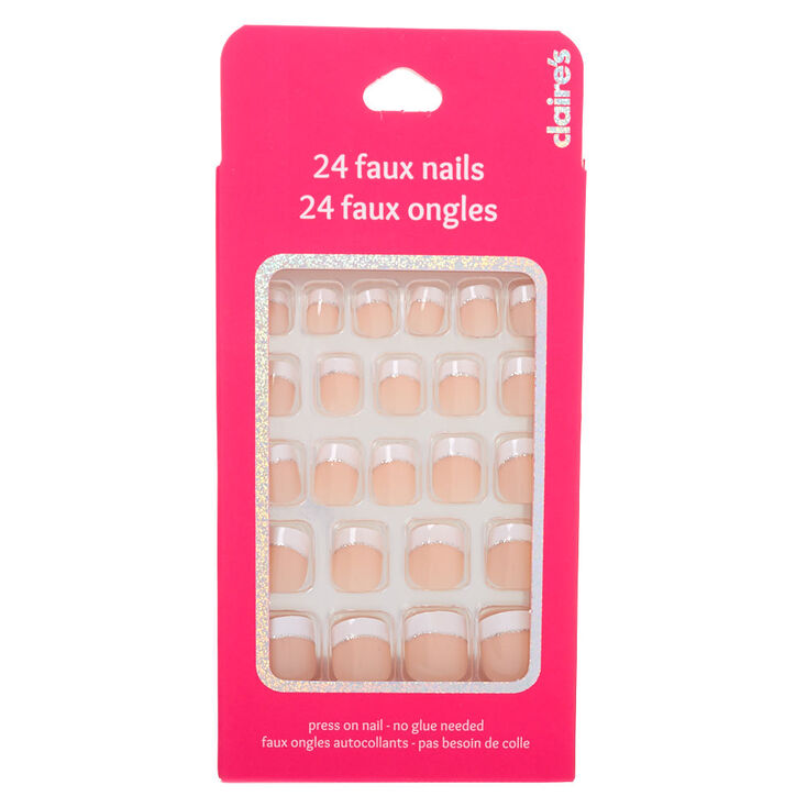French Manicure with Glitter Accent Square Press On Faux Nail Set - 24 Pack,