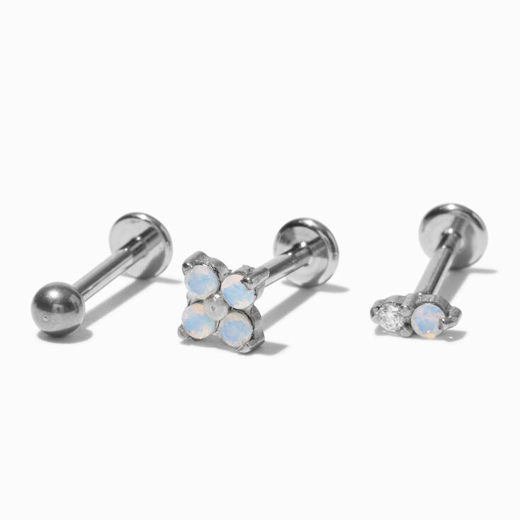 Silver Titanium 16G Opal & Crystal Cartilage Stud Earrings - 3 Pack