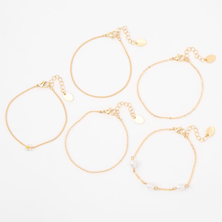 Gold Daisy &amp; Pearl Chain Bracelets - 5 Pack,