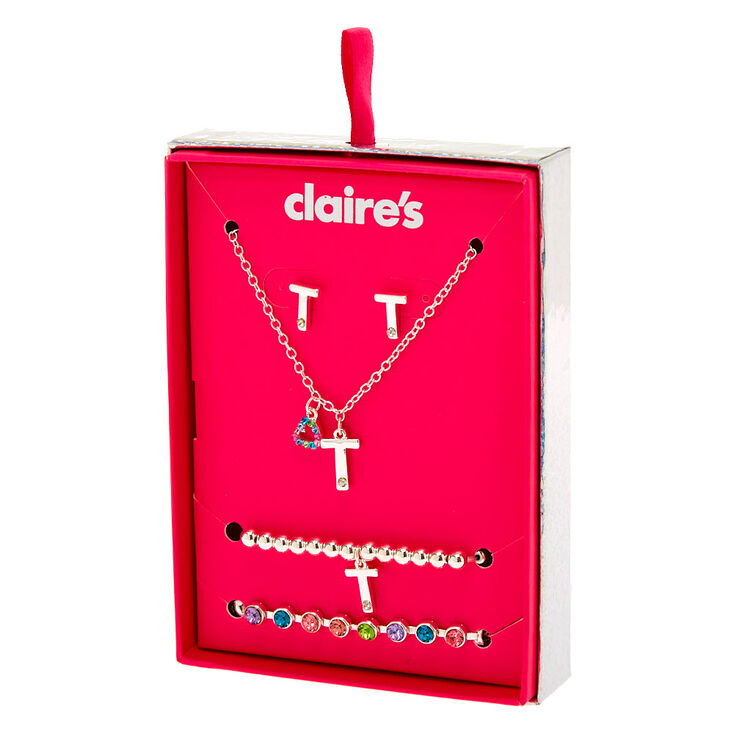 Claire's Coffret cadeau parure de bijoux à initiale T arc-en-ciel couleur argenté - Lot de 4