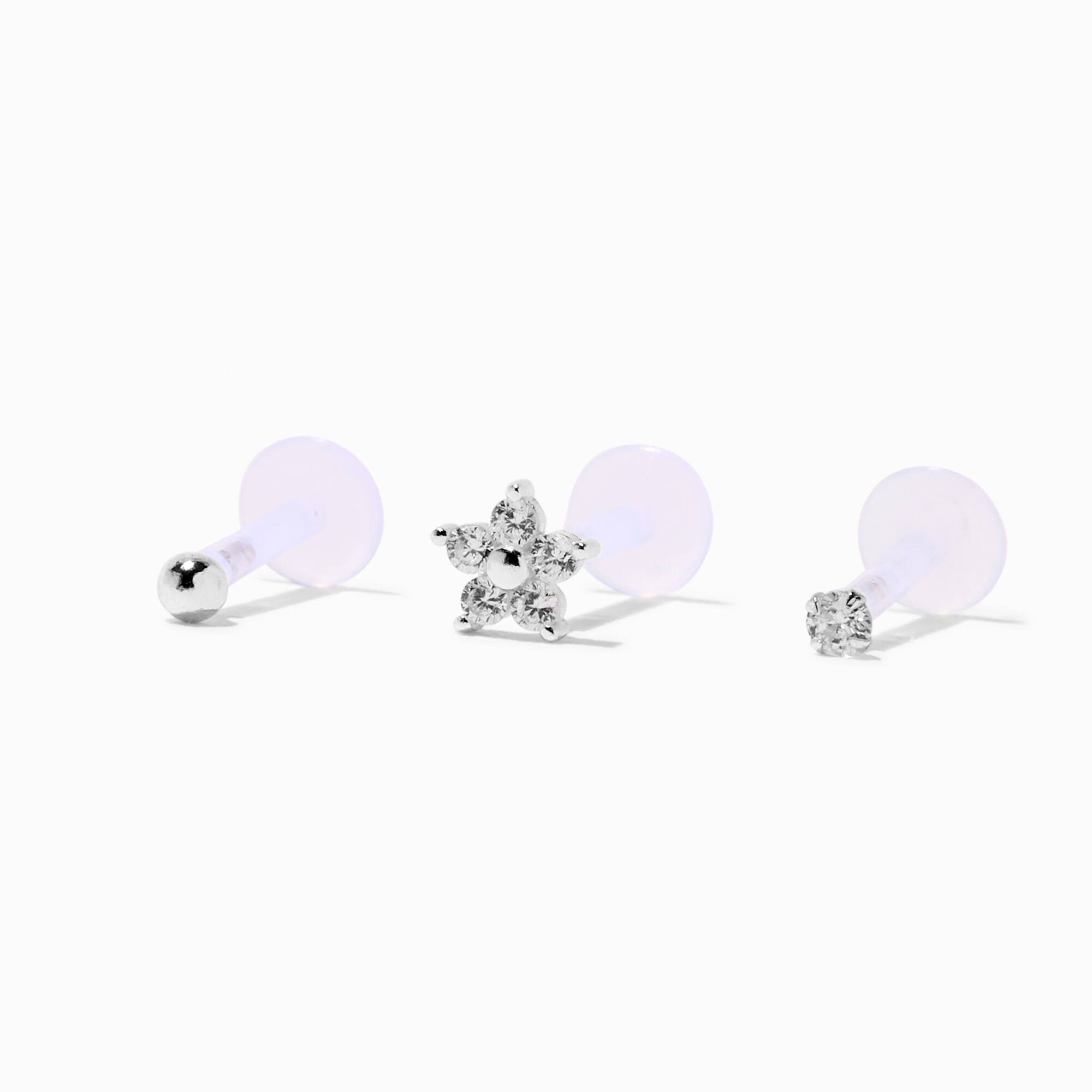 Sterling Silver Cubic Zirconia Flower 16G Threadless Flat Back Tragus Earring - 3 Pack,