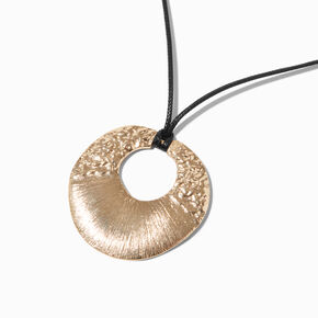 Gold-tone Textured Disk Black Cord Pendant Necklace,