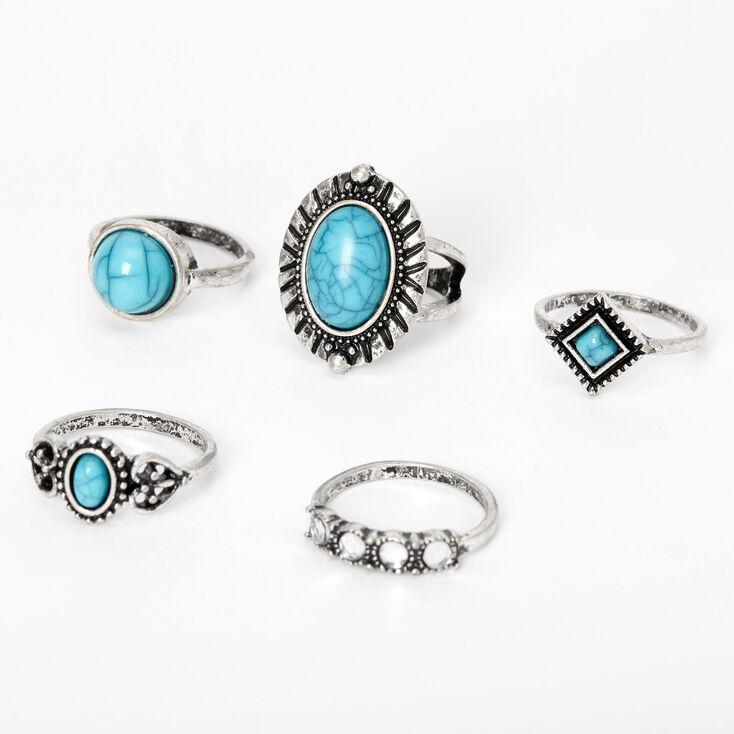 Silver Burnished Marble Stone Rings - Turquoise, 5 Pack,
