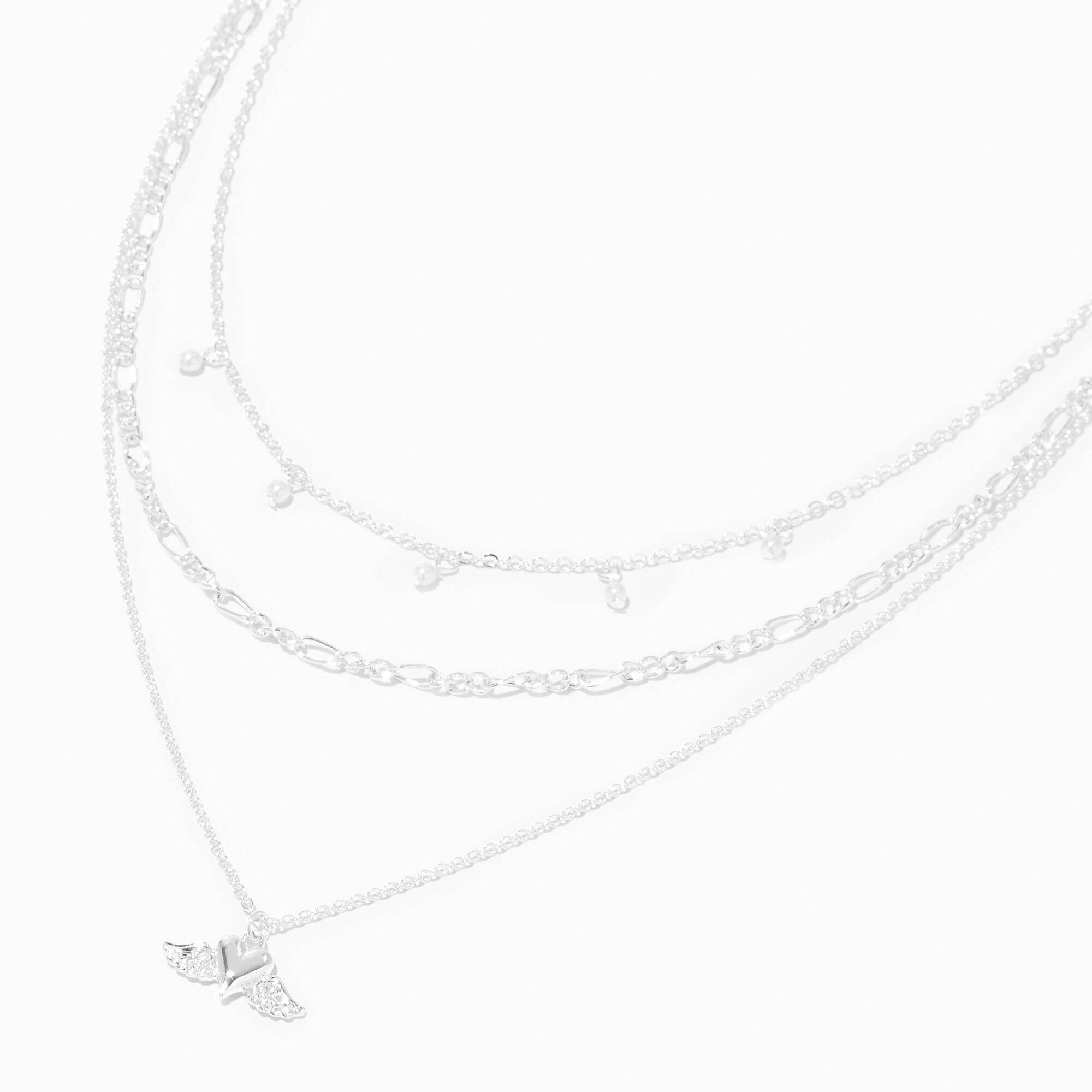 Silver Heart with Angel Wings Multi Strand Necklace
