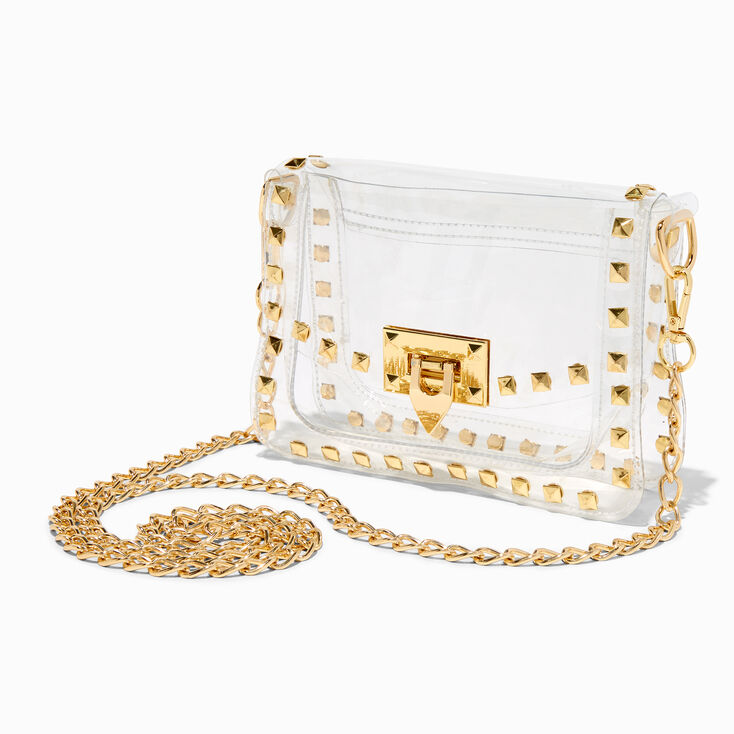 Gold-Studded Clear Flap Crossbody Bag