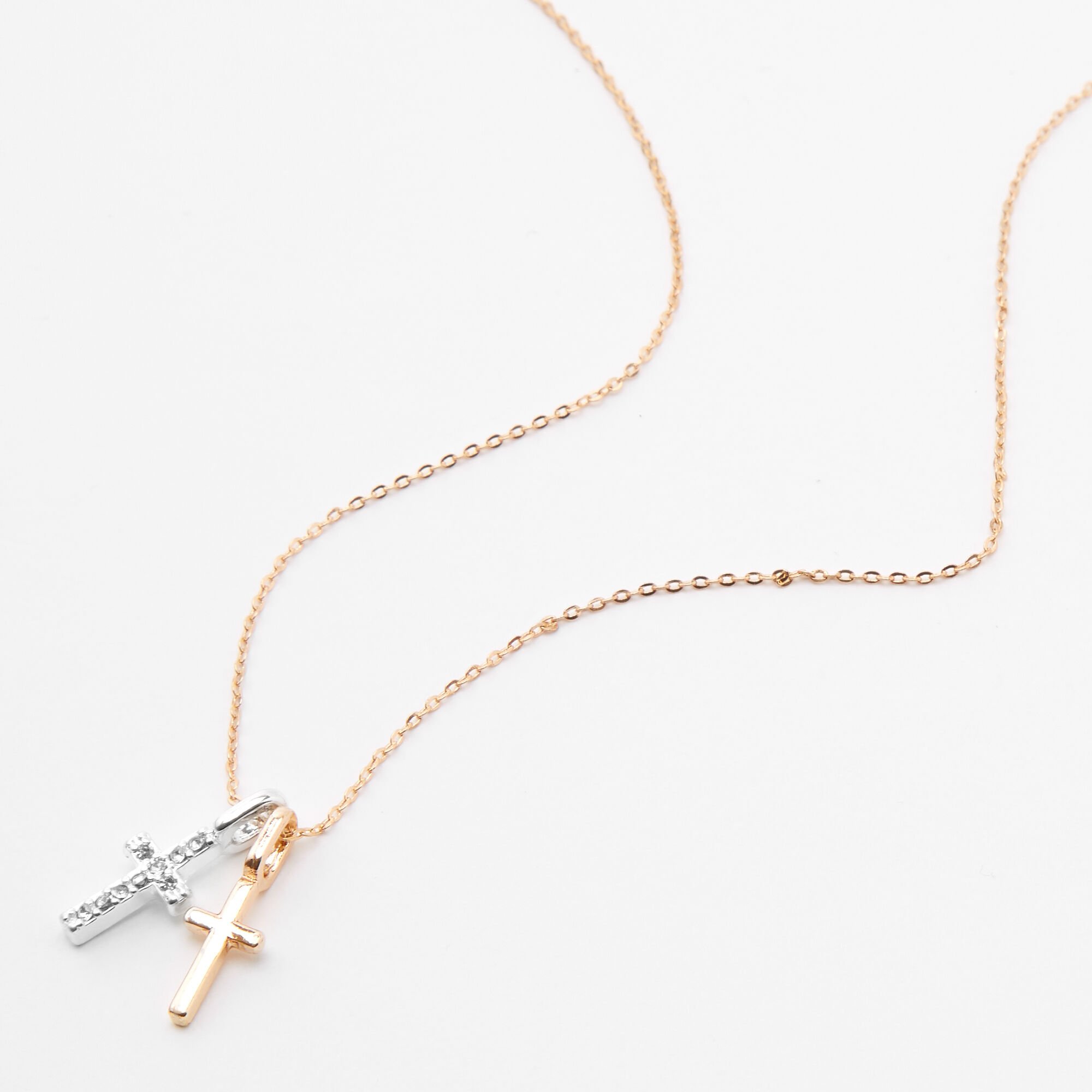 View Claires Mixed Metal Double Cross Pendant Necklace Gold information
