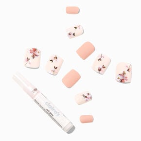 Pink Floral Square Vegan Faux Nail Set - 24 Pack,