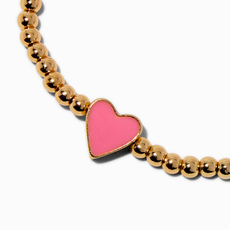 Pink Heart Charm Gold-tone Shot Bead Stretch Bracelet,