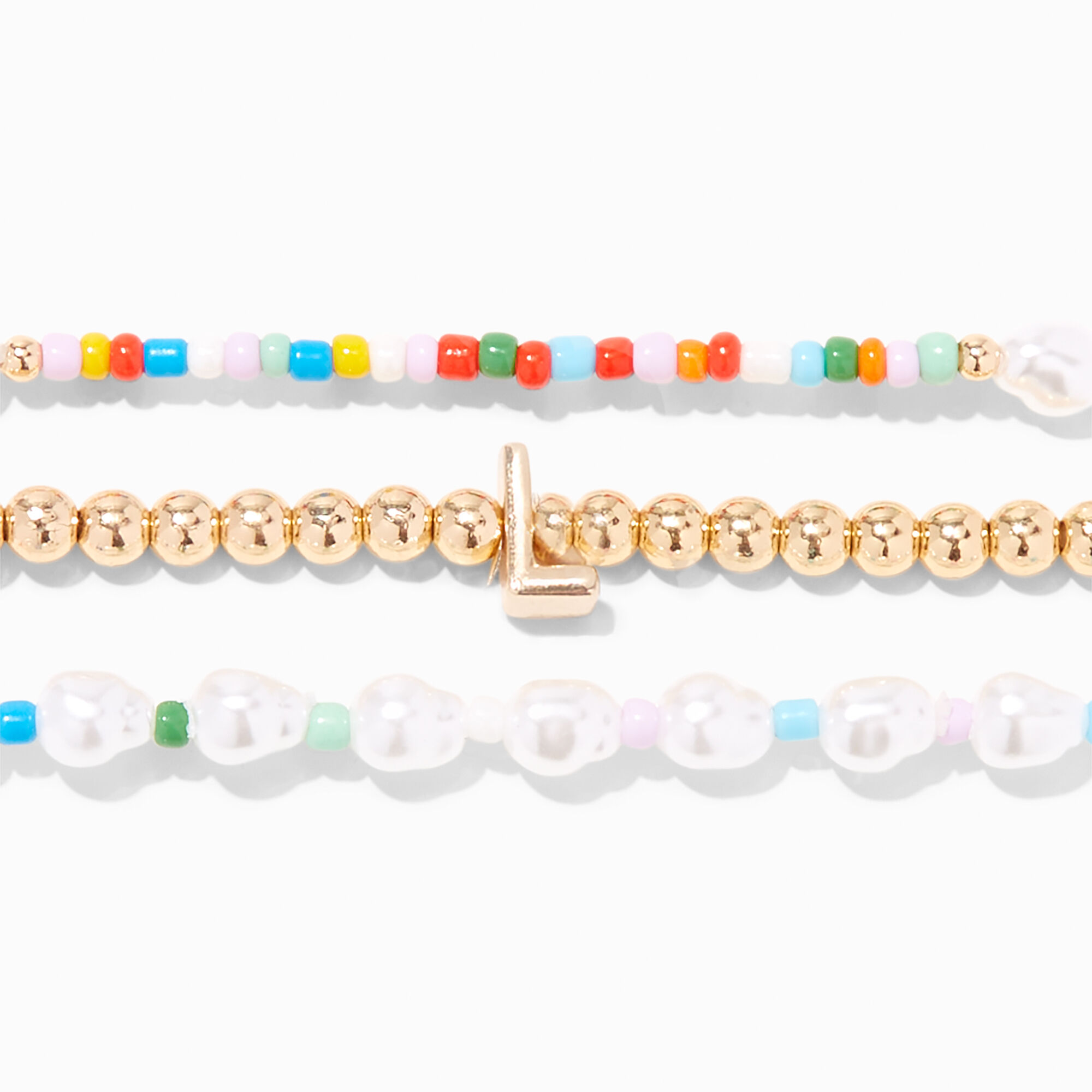 Gold-tone Beaded Initial Stretch Bracelet Set - L,
