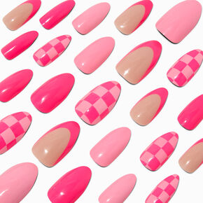 Pink Checkered French Tip Stiletto Vegan Faux Nail Set - 24 Pack,