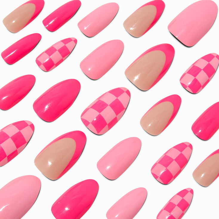 Pink Checkered French Tip Stiletto Vegan Faux Nail Set - 24 Pack,
