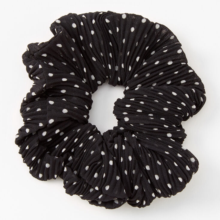 Medium Pleated Polka Dot Hair Scrunchie - Black,