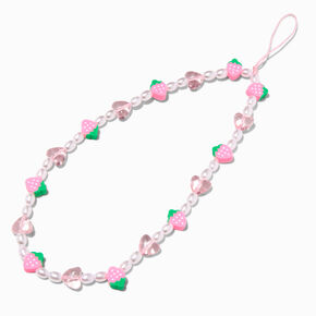 Pink Strawberry Beaded Phone Wrist Strap,