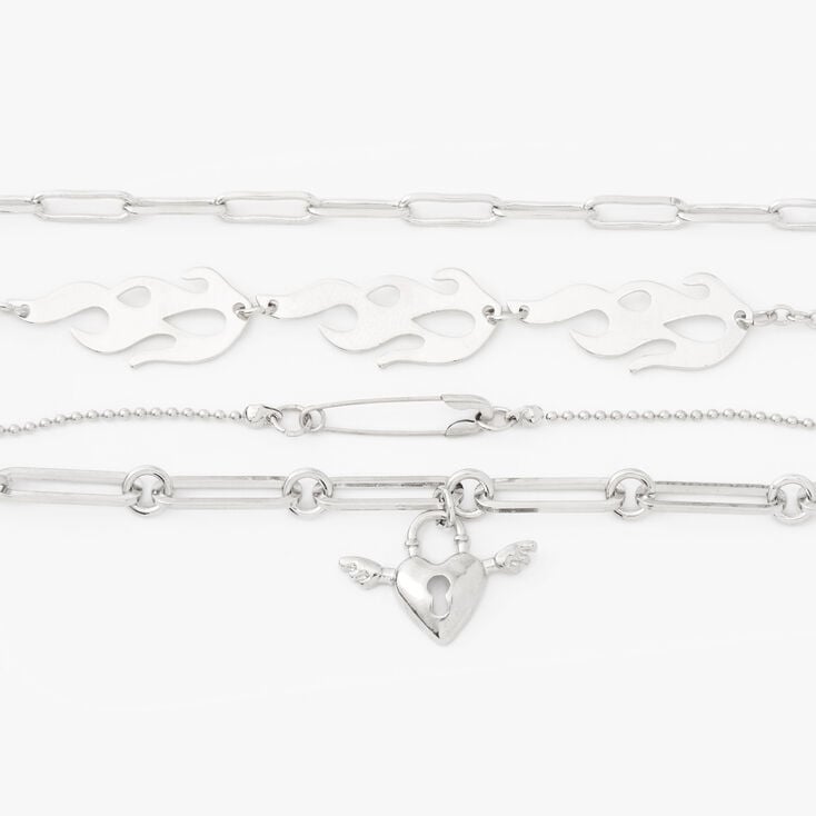 Silver Hearts and Flames Chain Bracelet Set - 4 Pack,