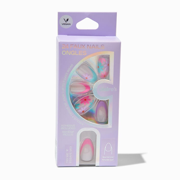 Multi Daisy French Almond Vegan Faux Nail Set - 24 Pack,