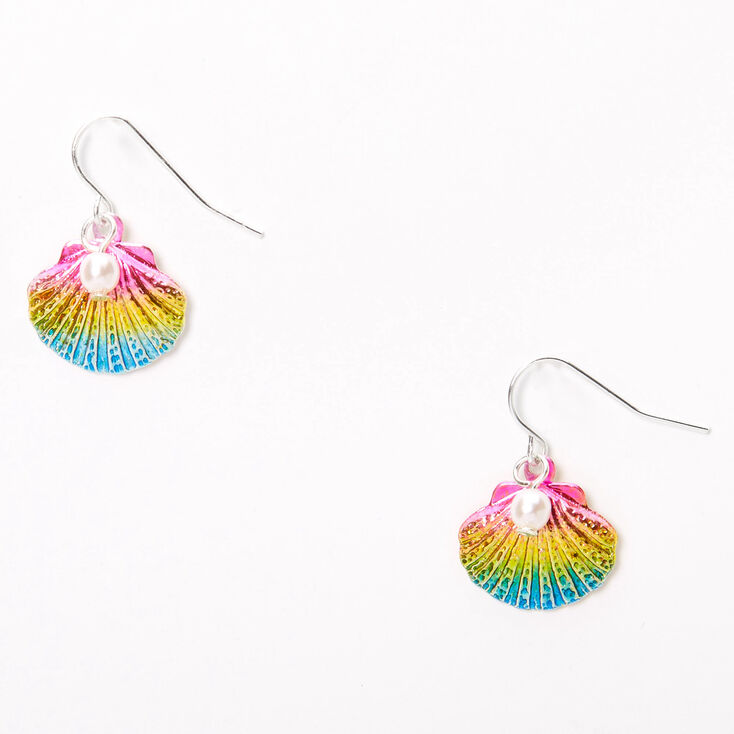 Silver 1&quot; Anodised Rainbow Seashell Pearl Drop Earrings,