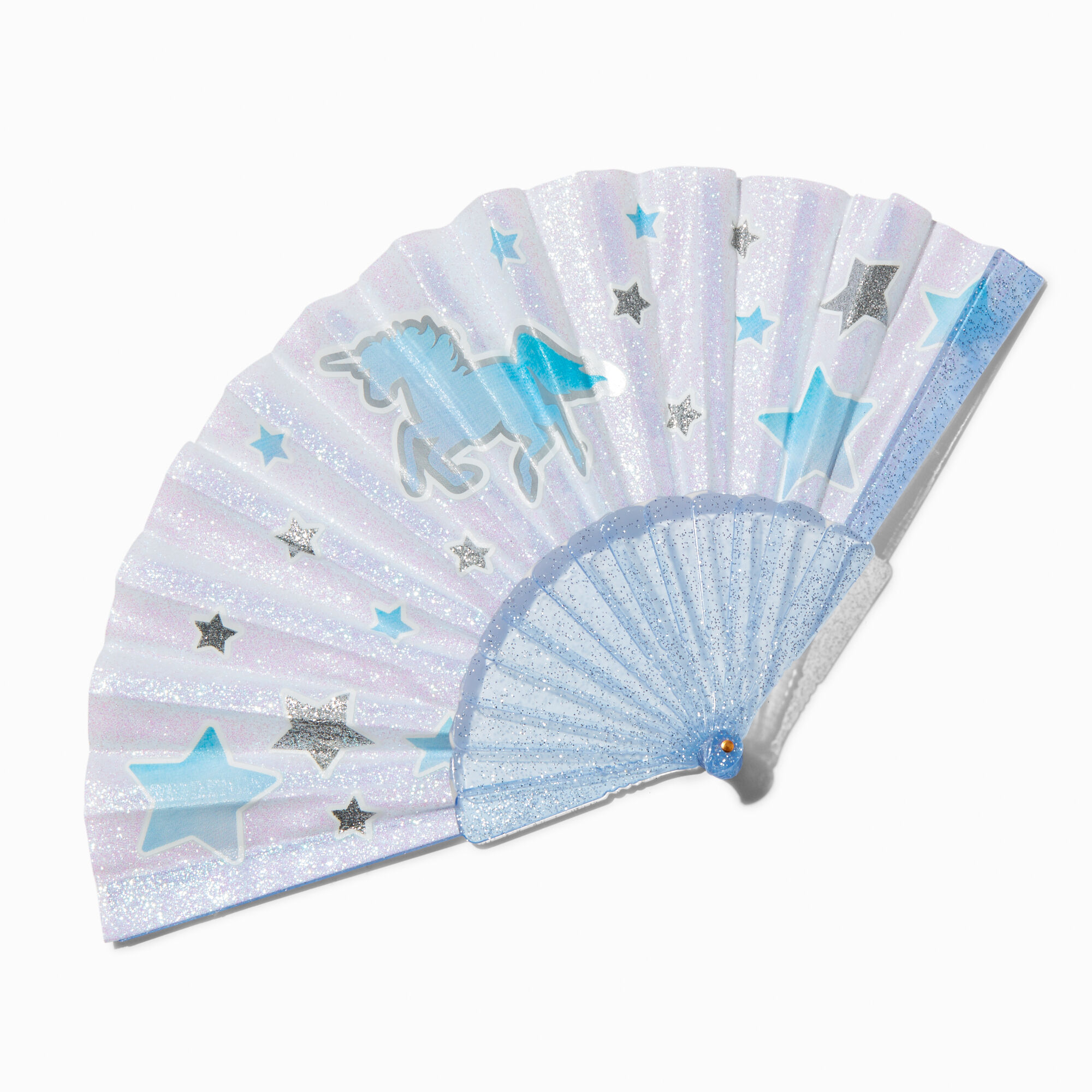 View Claires Club Unicorn Folding Fan Blue information