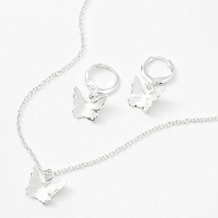 Charm Necklace Earring Set silver butterfly choose color pearl and clip on or pierced fittings