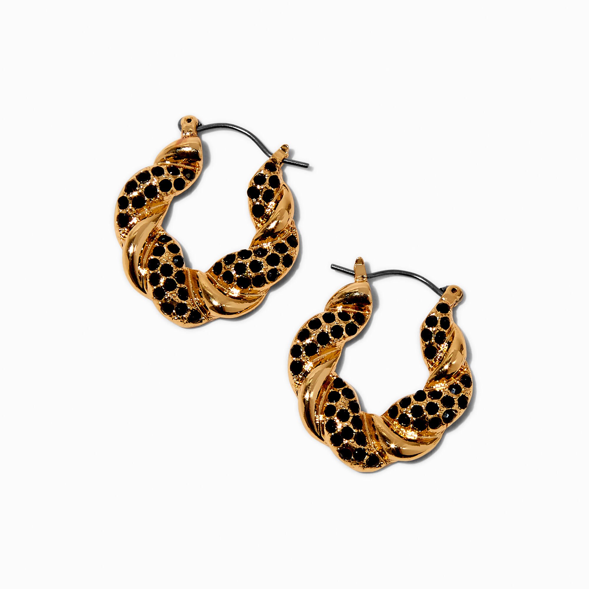Gold-tone Black Crystal Twisted Hoop Earrings,