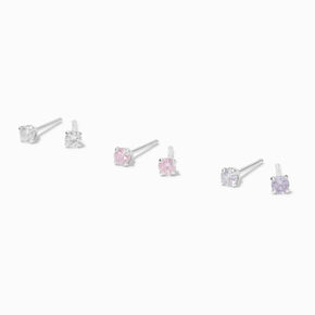 Clous d&rsquo;oreilles ronds 4&nbsp;mm transparents/roses/lavande en zircon cubique et argent C LUXE by Claire&rsquo;s - Lot de 3,