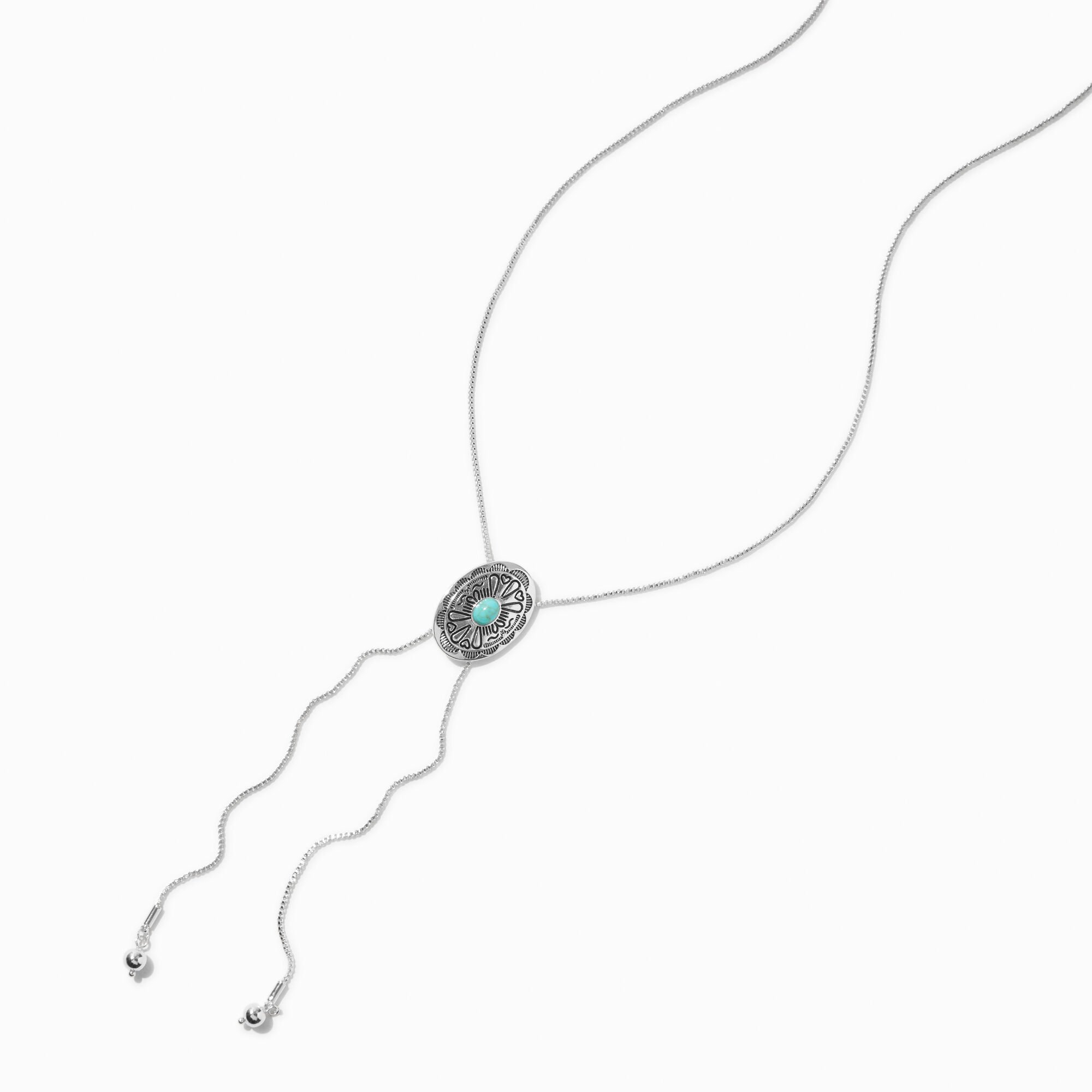 Turquoise Medallion Cowgirl Silver-tone Bolo Necklace,
