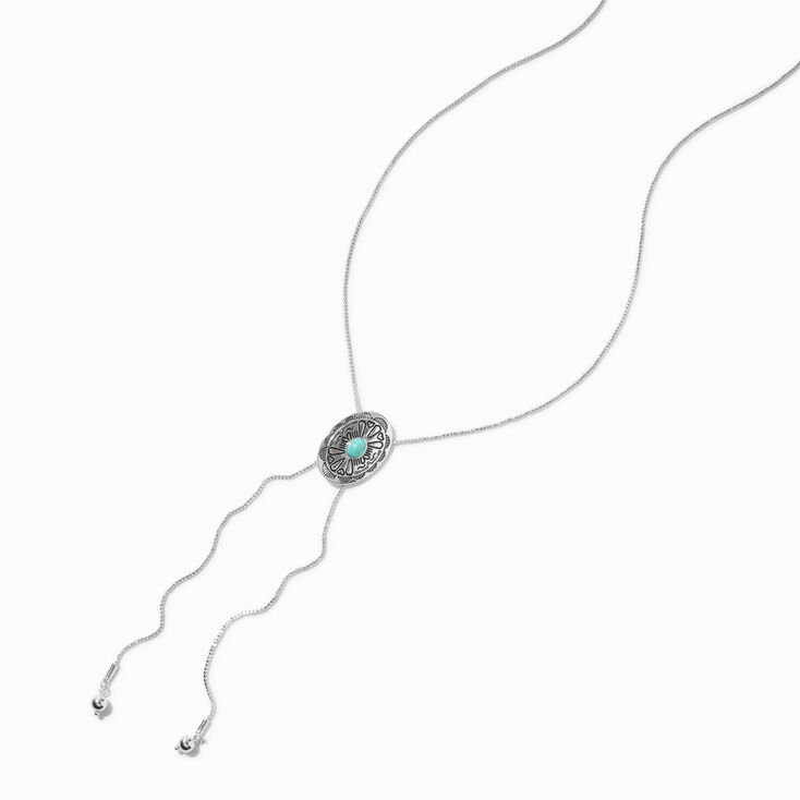 Collier bolo couleur argent&eacute;e m&eacute;daillon turquoise,