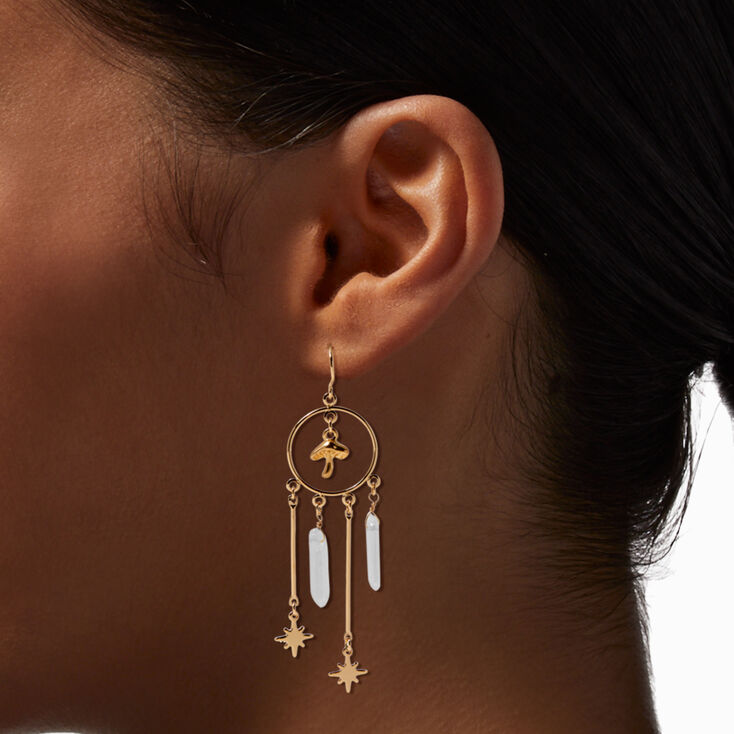 Gold-tone Mushroom Starburst Mystical Gem 2.5&quot; Drop Earrings,