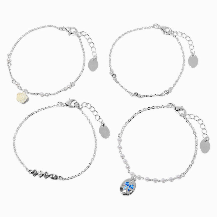 Silver-tone Pearl &amp; Rose Chain Bracelets - 4 Pack,