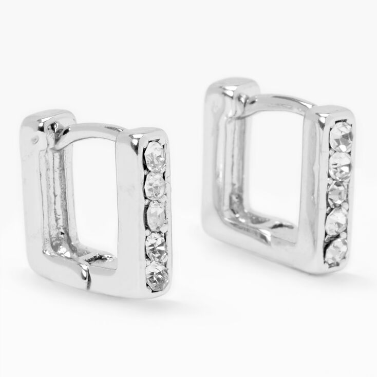 Silver 10MM Embellished Square Huggie Hoop Earrings,