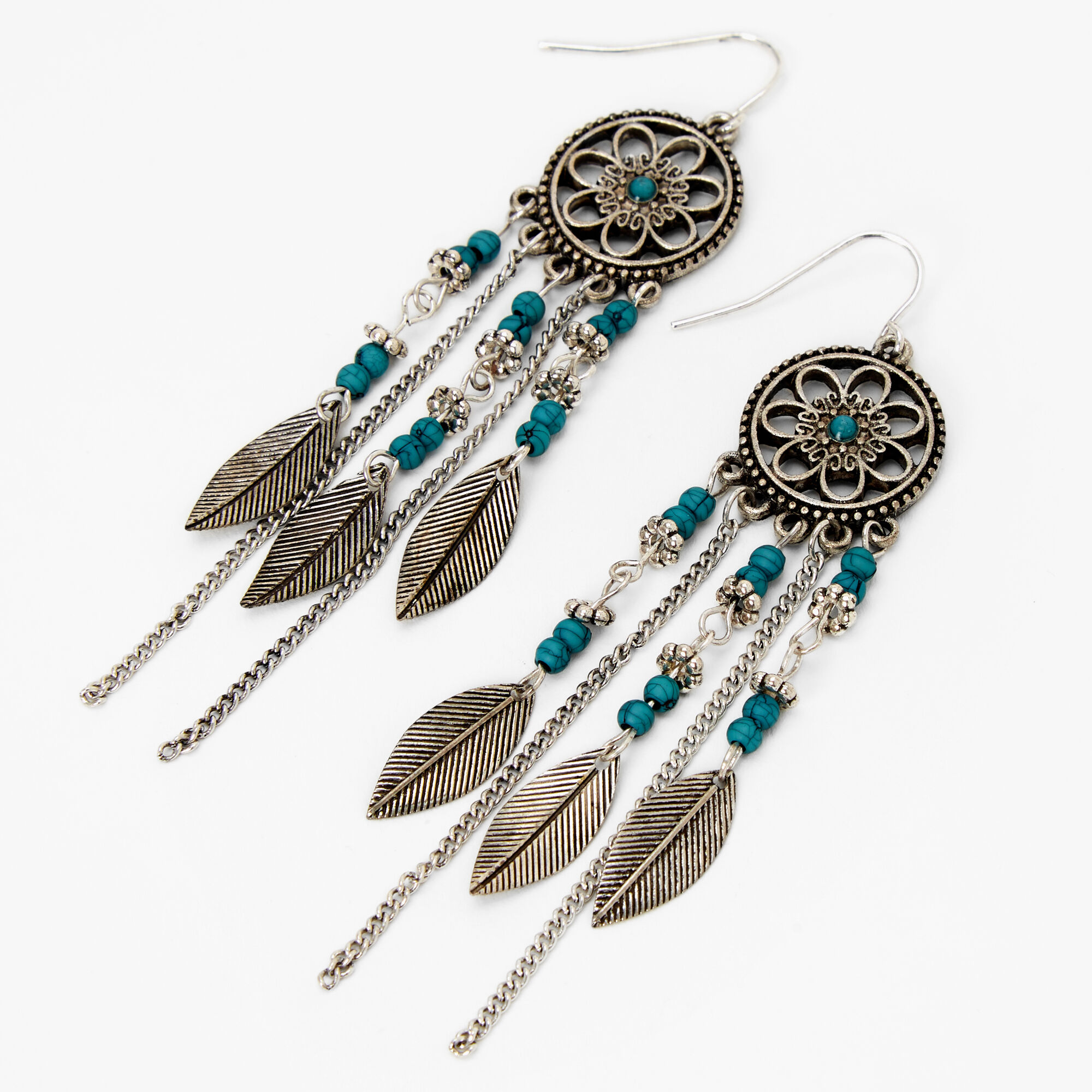 View Claires Silver Dreamcatcher Beaded 2 Drop Earrings Turquoise information