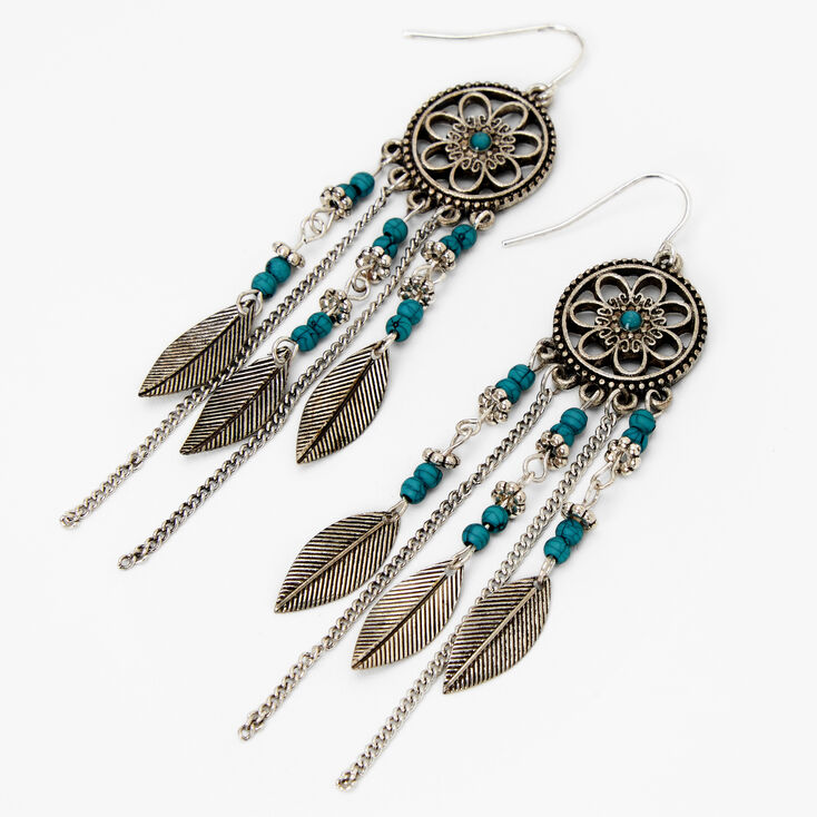 Silver Dreamcatcher Turquoise Beaded 2&quot; Drop Earrings,
