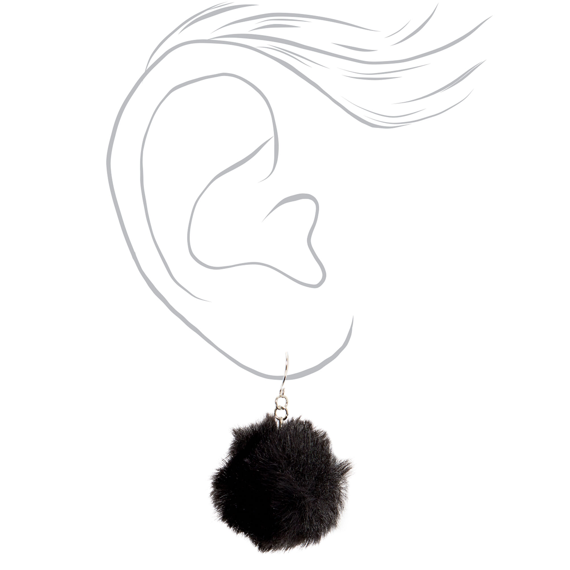Silver 2" Pom Pom Drop Earrings - Black,