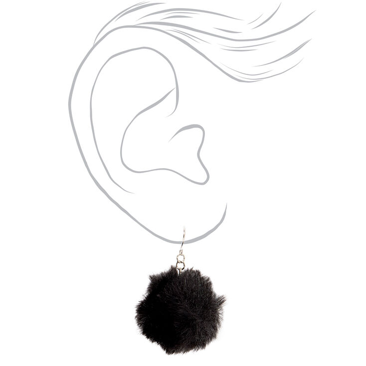 Silver 2&quot; Pom Pom Drop Earrings - Black,