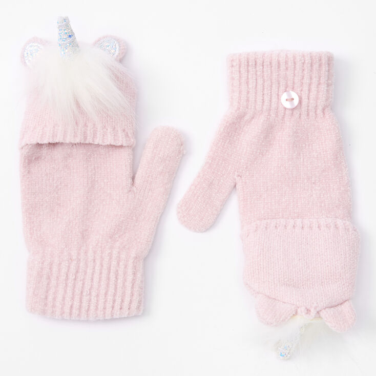 Glitter Unicorn Fingerless Gloves With Mitten Flap - Pink,