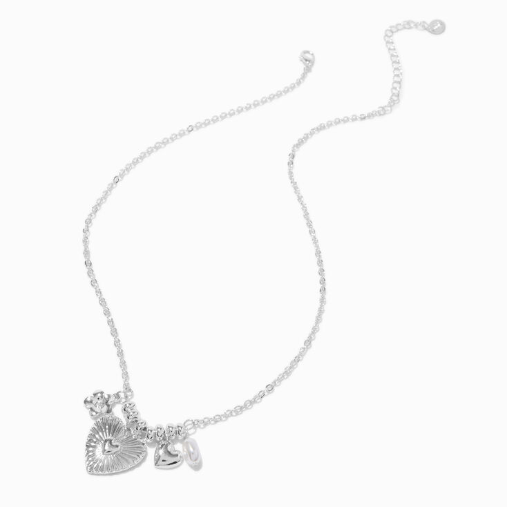Silver-tone Heart &amp; Daisy Charm Cluster Pendant Necklace,