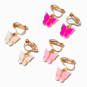 Pink Glow-in-the-Dark Butterfly Gold Clip On Earrings - 3 Pack,