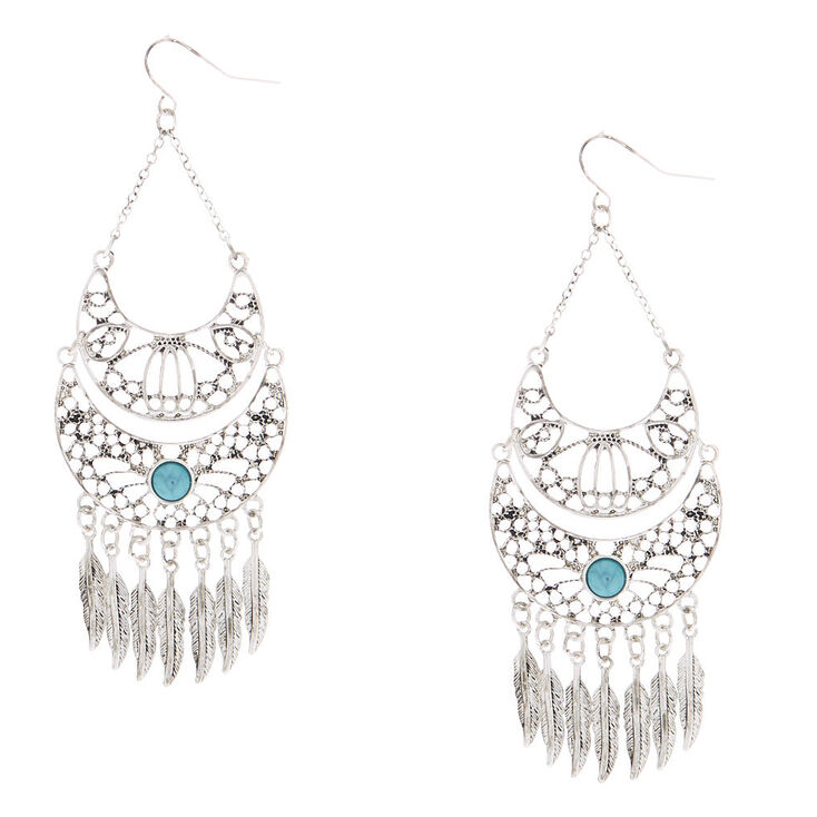 Pendantes turquoise style western avec plume couleur argent&eacute; 8&nbsp;cm,