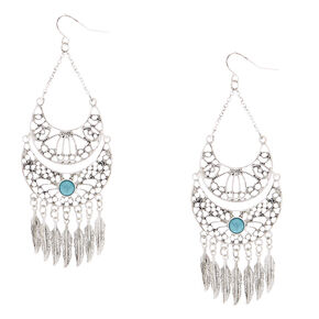 Silver 3&quot; Western Feather Drop Earrings - Turquoise,