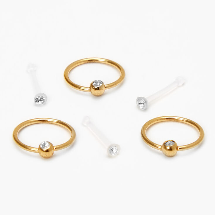 Gold Mixed Hoop and Stud Nose Rings - 3 Pack,