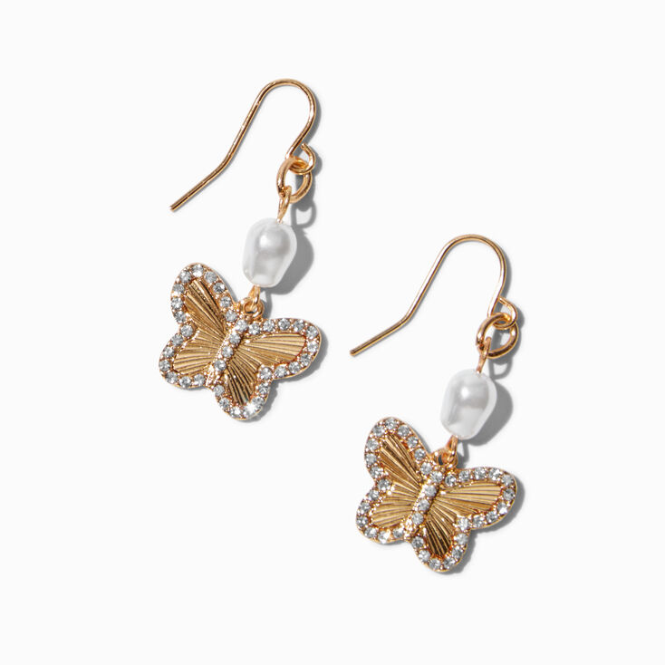 Gold-tone Pav&eacute; Butterfly Pearl Drop Earrings,